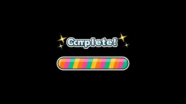 Modern flat design loading progress bar animation featuring colorful rainbow stripes, playful bubble typography, bouncing text wave, and twinkling star accents. High-quality seamless loop 4K UI asset