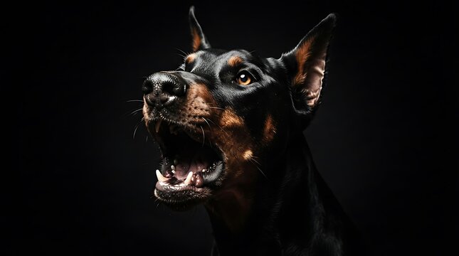 Aggressive Doberman Pinscher with fierce expression in dramatic low light portrait.