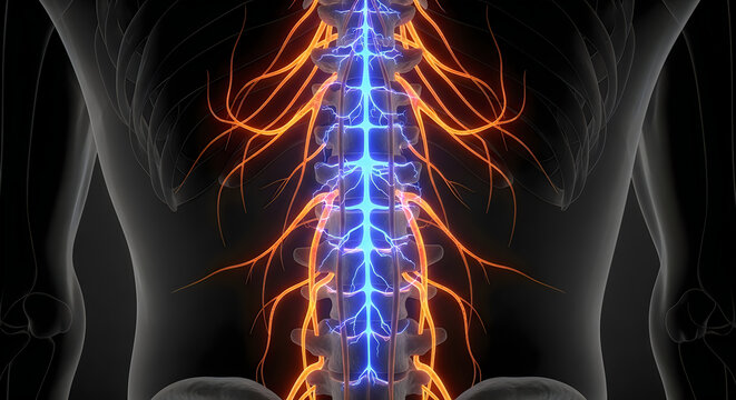 Detailed visualization of the human nervous system focusing on the spinal column and nerves
