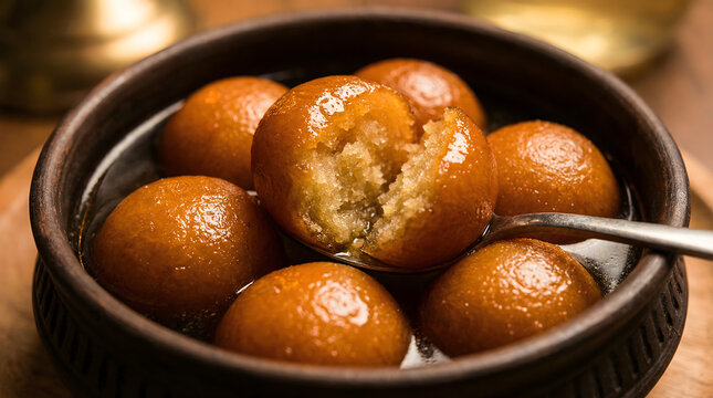 Delicious Gulab Jamun, a traditional Indian sweet dessert, soaked in fragrant sugar syrup, presented in a rustic dark brown ceramic bowl; an authentic, mouth-watering treat for festivals