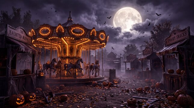 Spooky halloween carnival with carousel and pumpkins under full moon