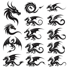 Fototapeta premium Set of tribal dragon tattoo designs in black silhouette style for creative graphic art