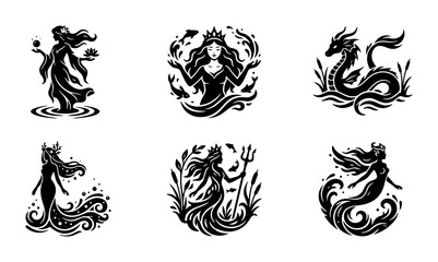 Fototapeta premium Mythical Sea Goddesses Vector Icons, Mermaid & Dragon Lore Graphics Set