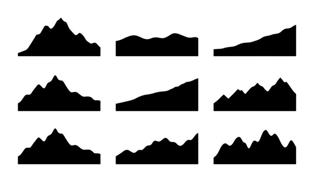 Mountain Silhouettes Collection, Diverse Peak Shapes, Landscape Vector Icons, Nature Background Elements