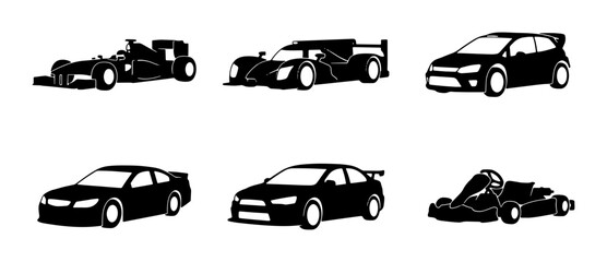 Fototapeta premium Set of 6 Black Car Silhouettes, Racing Cars, Sports Cars, and Go-Kart Vector Icons