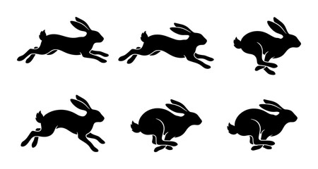 Obraz premium Running Rabbit Animation Sequence, Silhouette Hare Motion Study, Six Stages of Bunny Gallop