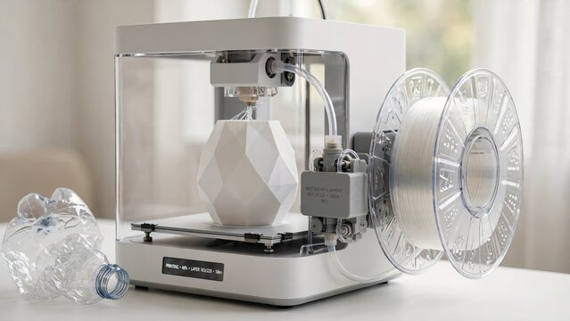 Modern 3D printer creating a white geometric vase using recycled PET plastic filament, featuring a crushed water bottle and a recycling module indicating sustainable manufacturing