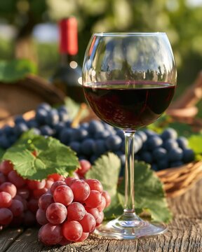 Glass of Red Wine with Grapes and Bottle in Vineyard Setting