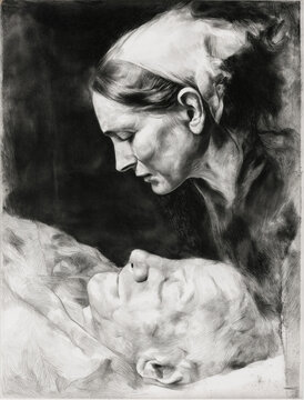 lithograph print of a woman grieving a war casualty