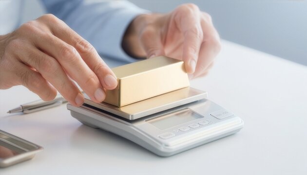 Close-up of hands weighing a plain gold bar on a precision digital jewelry scale before selling.