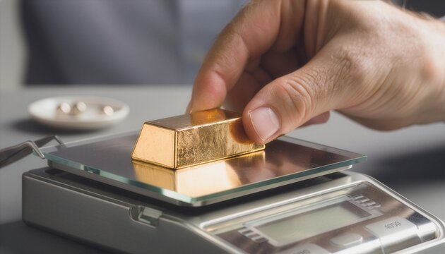 Close-up hand placing a small unbranded gold bar onto a professional digital precision scale, preparing to sell gold.