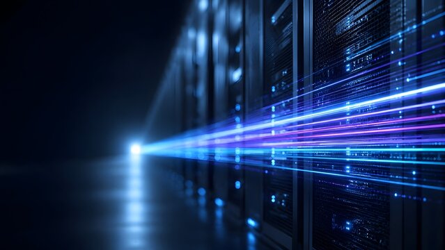 High speed fiber optic light streaks passing through a dark server room illustrating hyper fast data transmission and advanced supercomputing