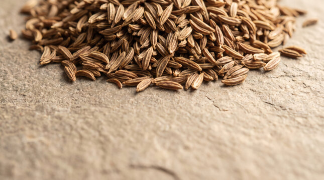 Pile of dried cumin seeds on a textured stone surface