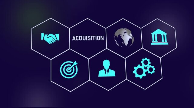 Corporate business acquisition strategy concept featuring animated hexagonal infographic with representing global finance, networking, strategic planning, and market growth