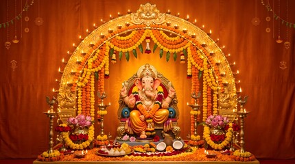 Fototapeta premium Lord Ganesha Idol with Marigold Arch and Traditional Offerings for Ganesh Chaturthi
