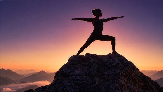 Woman doing warrior yoga pose on mountain peak at sunset