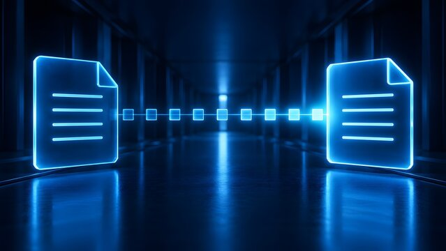 Glowing Neon Document Icons Connected by Digital Data Transfer Line in Dark Server Room Representing File Sharing and Network Communication