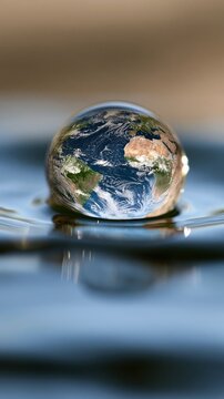 Tiny Earth Globe Floating on Rippling Water Surface, Symbolizing Fragile Planet and Global Ecology