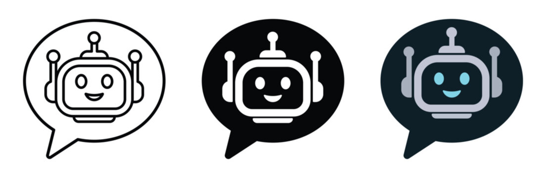 AI chatbot robot head icon set in speech bubbles. Cute virtual assistant, artificial intelligence, customer support, chat bot, messaging, and digital communication symbols. vector illustration