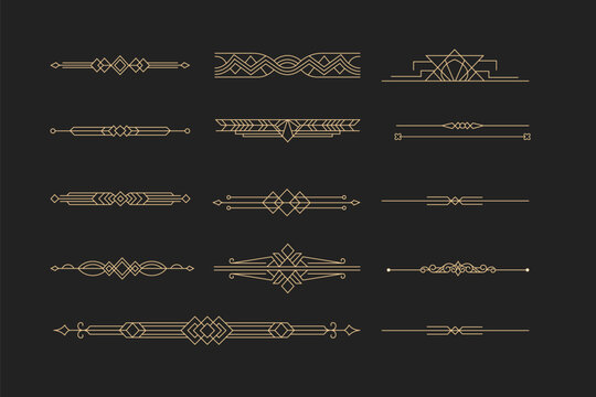 Art Deco decorative elements set. Vector gold geometric frames, borders, corners, floral ornaments and vintage line decorations on black background for luxury invitations and branding