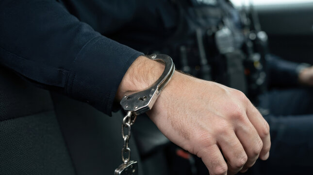 Police officer putting handcuffs on a suspect sitting in a car