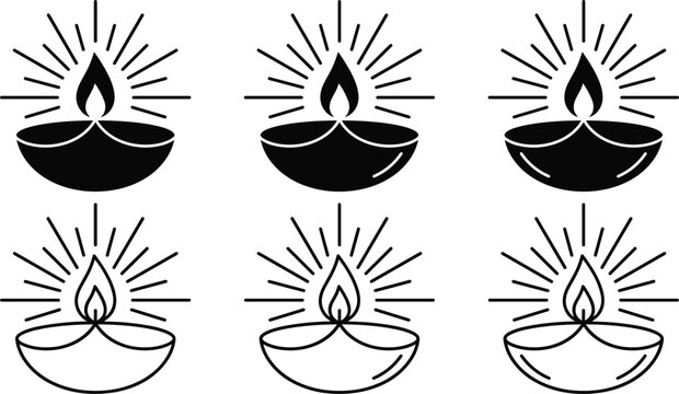 Diwali oil lamp icons collection for Hindu festival of lights celebration deepavali diya oil lamp vector (16 words)