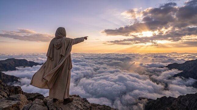 Mystical figure in robe standing on mountain peak pointing towards horizon above sea of clouds at sunrise, spiritual journey, enlightenment, vision, guidance, meditation