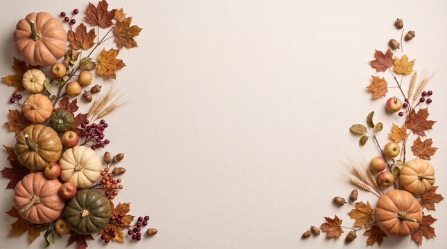 Beautiful thanksgiving border featuring decorative autumn pumpkins and colorful fall leaves on a light background for seasonal invitations