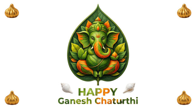 Lord ganesha inside a green leaf for happy ganesh chaturthi isolated on transparent background