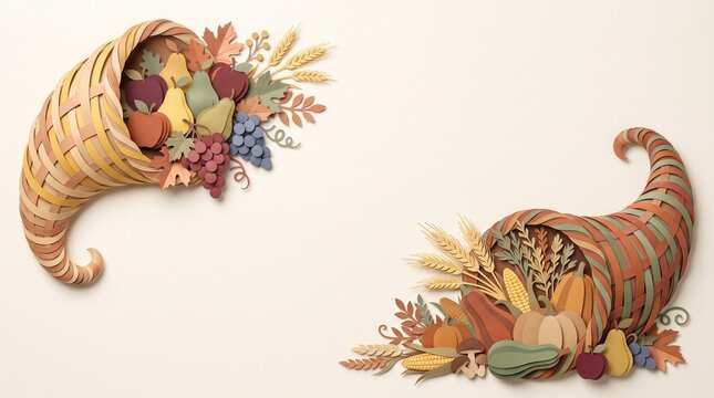 Decorative thanksgiving border featuring two elegant cornucopia illustrations filled with seasonal autumn harvest fruits and colorful fall leaves