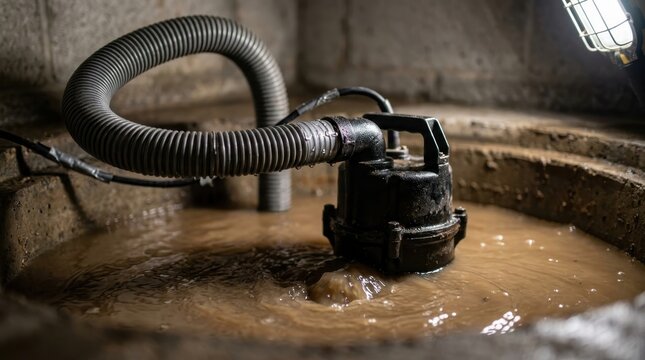 Submersible sump pump working in muddy water in a basement basin