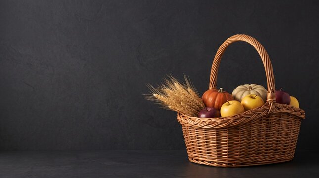 Wicker basket filled with autumn harvest vegetables forming a rustic thanksgiving border on a dark black background