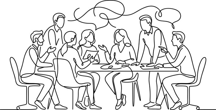 Team Meeting Collaboration Abstract Line Art People Discussing Ideas at Table