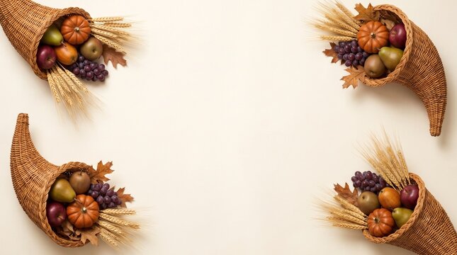 A festive thanksgiving border featuring four decorative cornucopias filled with autumn harvest vegetables on a light background
