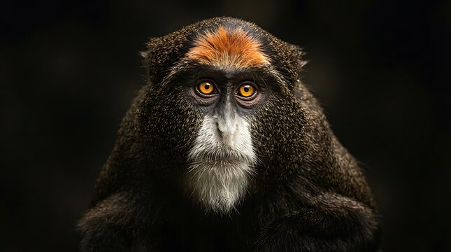 Close-up portrait of a howler monkey with striking orange face and intense gaze against dark background