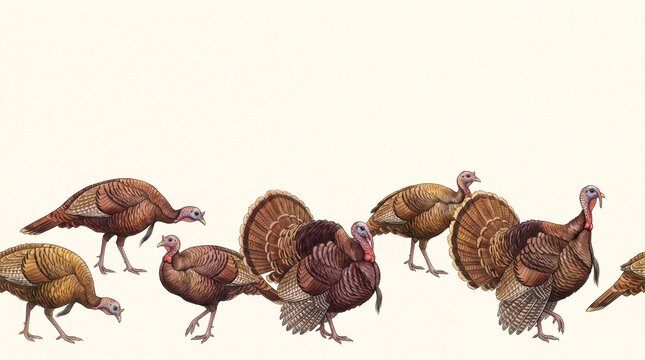 A festive watercolor thanksgiving border featuring a repeating pattern of wild turkeys on a light background
