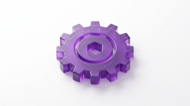 Translucent purple plastic gear cogwheel isolated on clean white, 3d illustration of mechanical part with hexagonal center hole, engineering component symbol