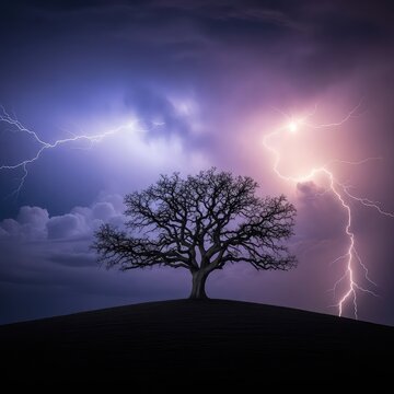 A lonely oak tree stands atop a dark rolling hill while powerful lightning bolts strike across a dramatic and moody nocturnal storm sky, night, overcast, tree