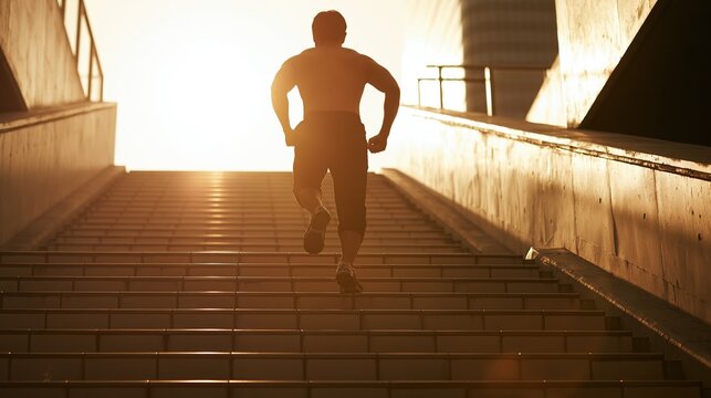 Silhouette of a fit man running up outdoor stairs towards a bright sunrise, embodying fitness and ambition