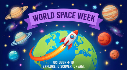 Naklejka premium World space week banner with rocket and planets in galaxy