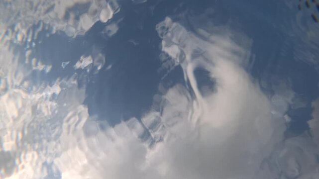 Slow motion underwater view of sunlight rippling on the sea surface, Cote d'Azur, France