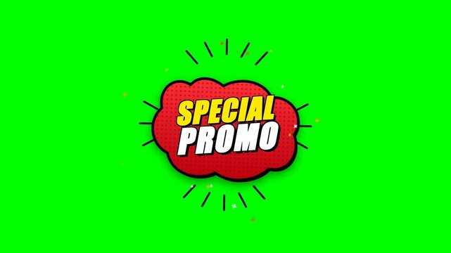 Pop-art comic style Special Promo badge featuring unified cloud explosion path, halftone dot texture, burst action lines, high impact 3D typography, and dynamic particle sparkles on a green screen bac