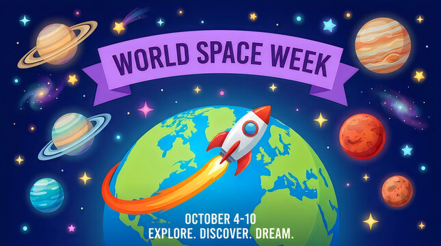 World space week banner with rocket and planets in galaxy