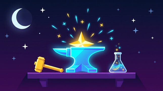 Magical blacksmith forge vector art, crafting glowing star on anvil with hammer and potion, fantasy game icon, game asset