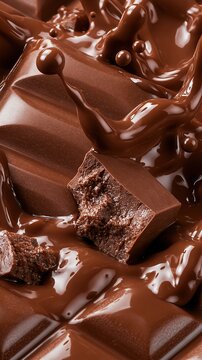 Close-up of rich, molten chocolate flowing over broken chocolate bars and pieces, creating a decadent dessert scene