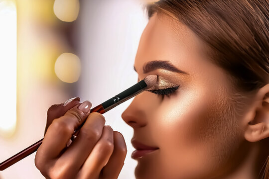 Ein professioneller Visagist tr&auml;gt mit einem kleinen Pinsel Lidschatten auf das Auge eines Models auf