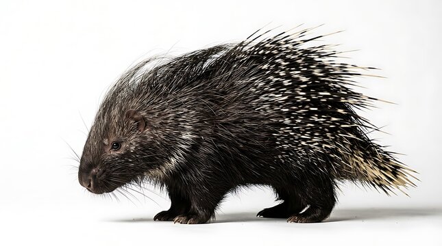 Close-up of porcupine walking on white background, detailed quills texture visible.