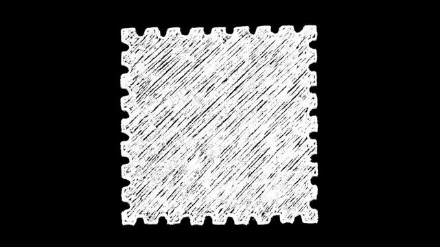 Hand-drawn white chalk postage stamp grunge frame drawing on alpha 1