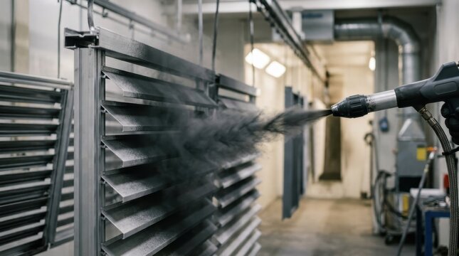 Industrial electrostatic powder coating process on metal structure