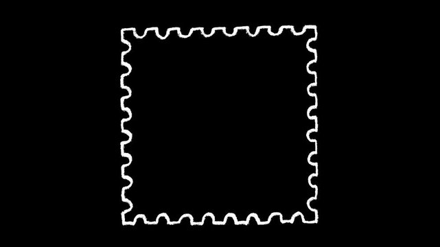 Hand-drawn white chalk postage stamp outline frame drawing on alpha 1
